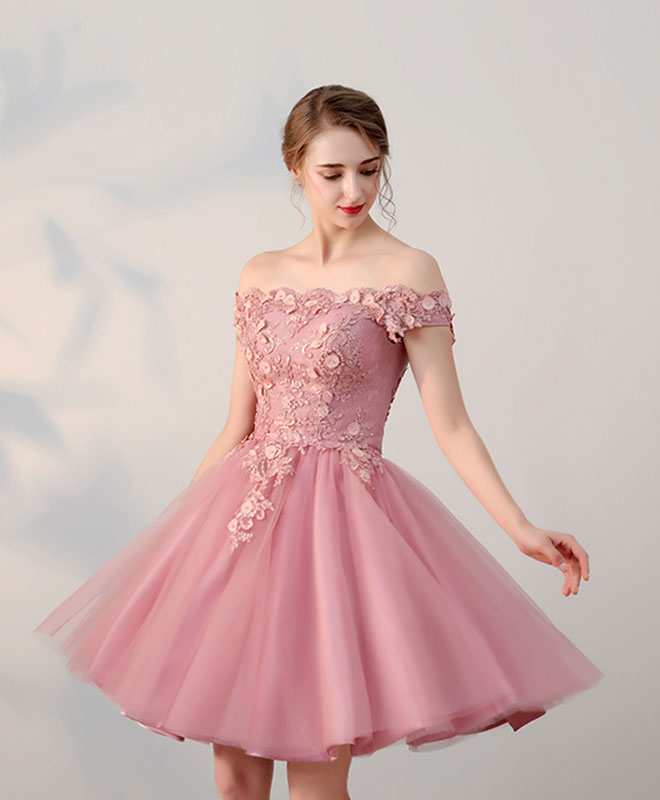 Pink lace tulle short prom dress, pink ...